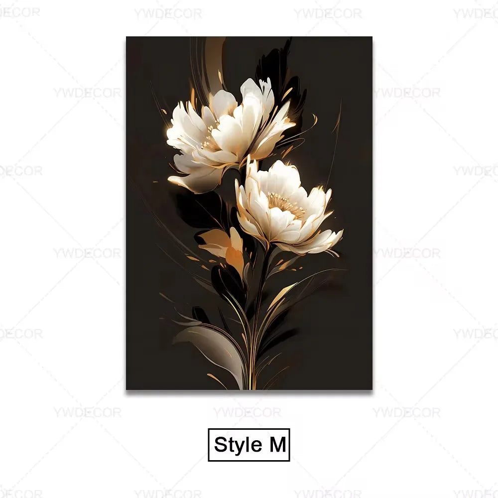 Trendy Techify's Canvas Tavlor - Blommor & Löv i Färgerna Svart & Guld