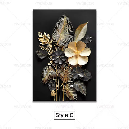 Trendy Techify's Canvas Tavlor - Blommor & Löv i Färgerna Svart & Guld
