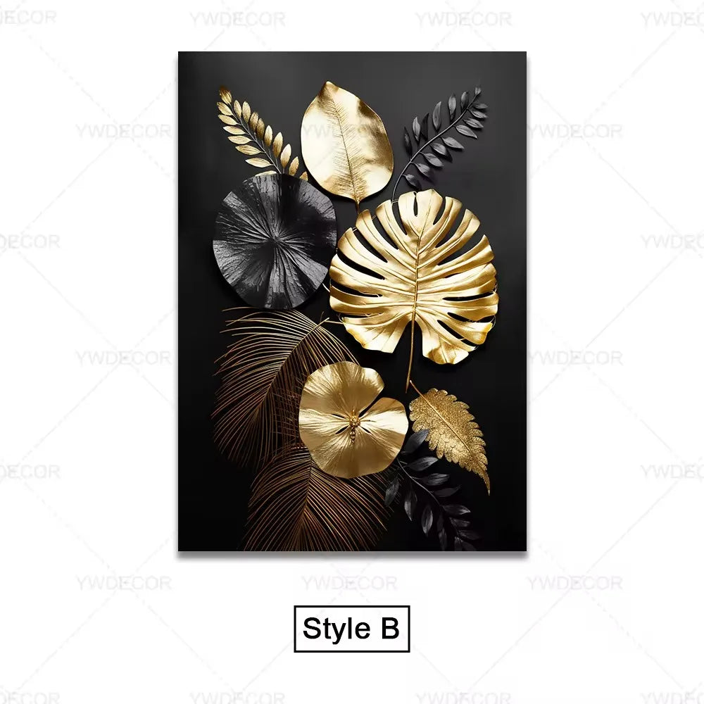 Trendy Techify's Canvas Tavlor - Blommor & Löv i Färgerna Svart & Guld