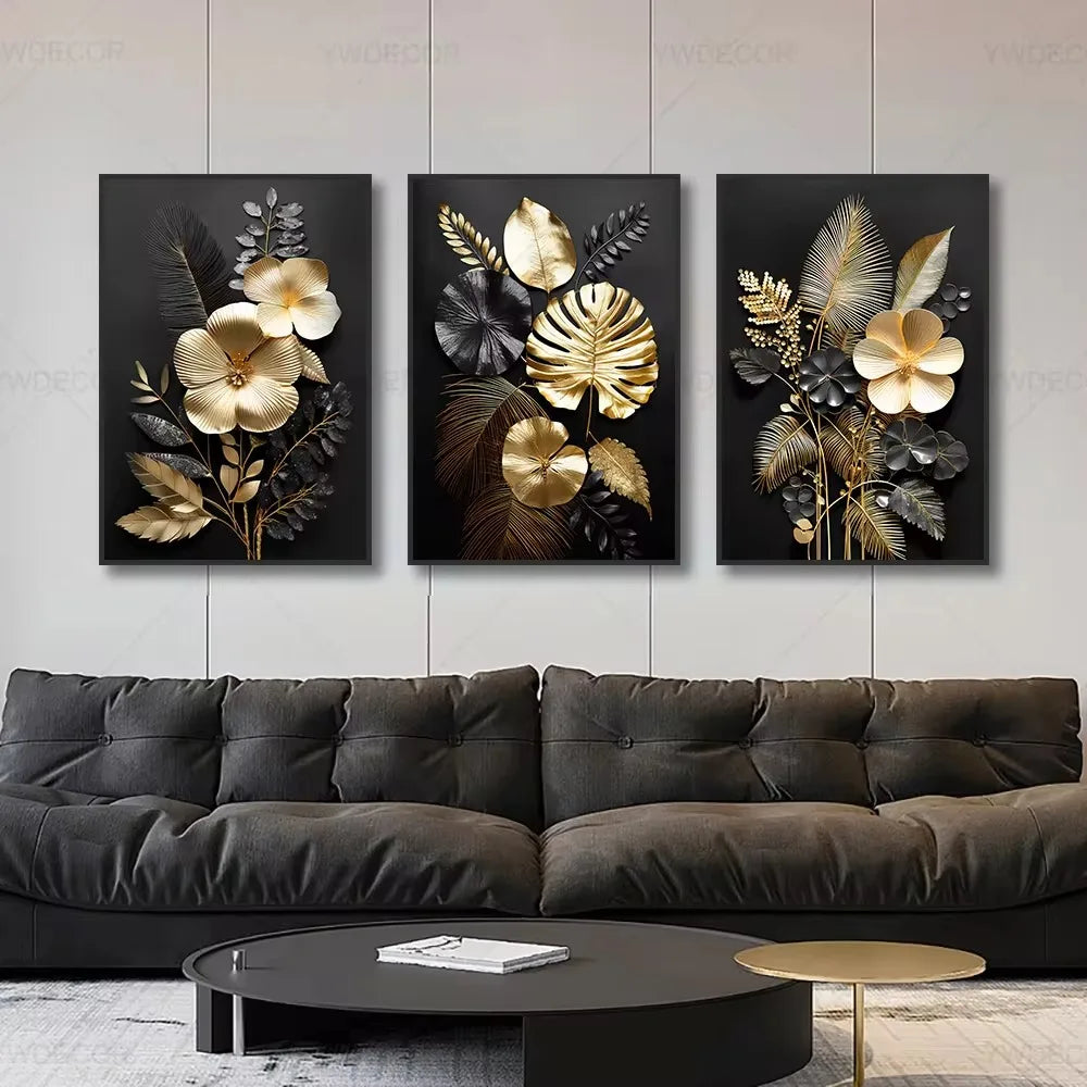 Trendy Techify's Canvas Tavlor - Blommor & Löv i Färgerna Svart & Guld