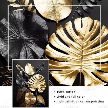Trendy Techify's Canvas Tavlor - Blommor & Löv i Färgerna Svart & Guld